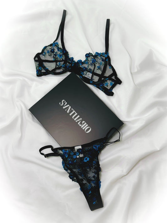 Black & Blue Rose Lingerie Set